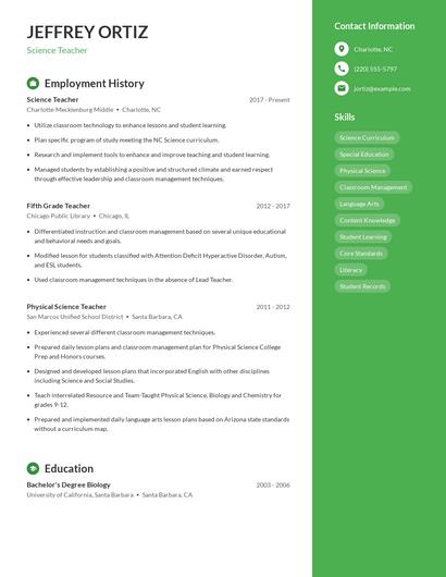 Science Teacher Resume