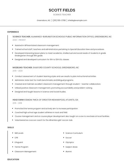 Science Teacher Resume