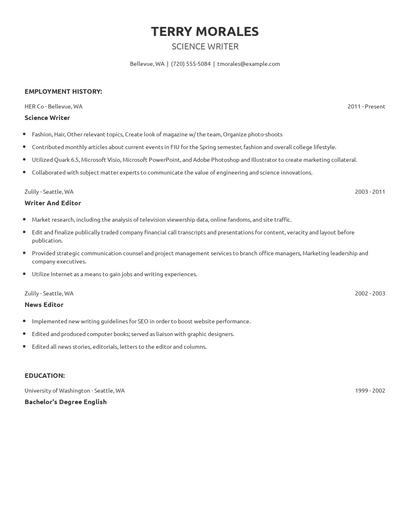 Science Writer Resume