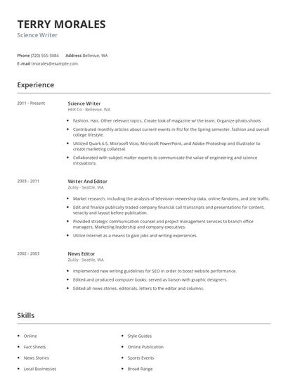 Science Writer Resume