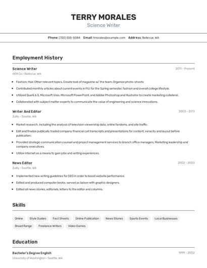 Science Writer Resume