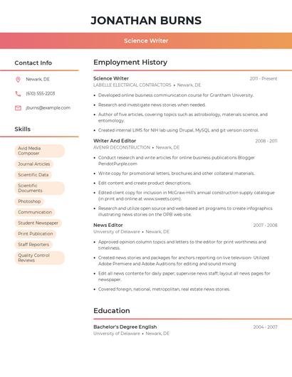 Science Writer Resume