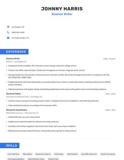 Science Writer Resume