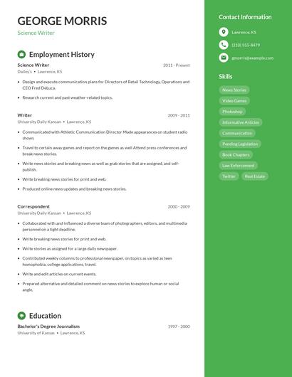 Science Writer Resume