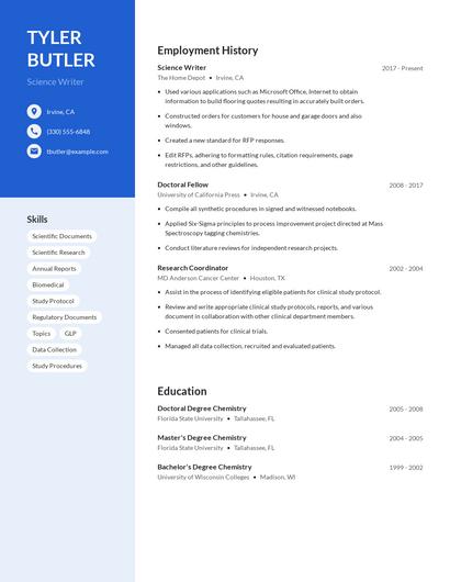 Science Writer Resume