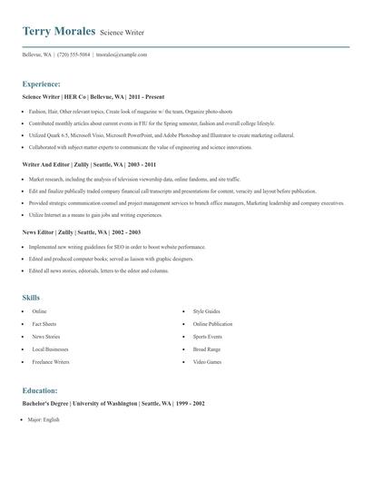 Science Writer Resume
