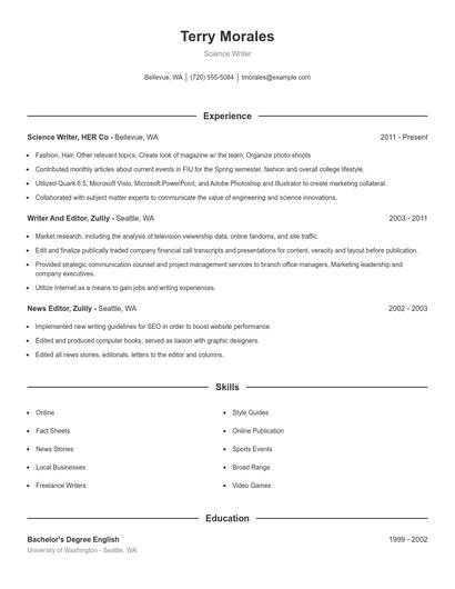 Science Writer Resume