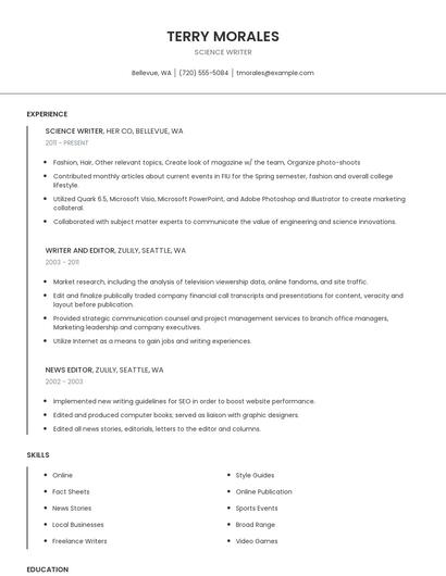 Science Writer Resume