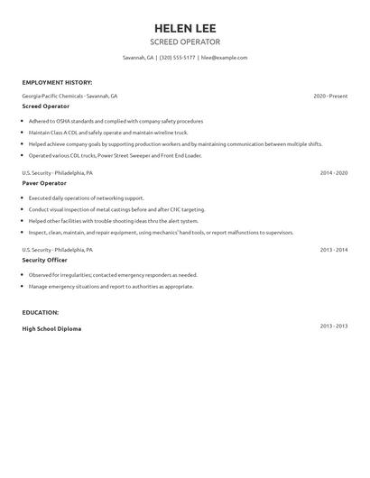 Screed Operator Resume