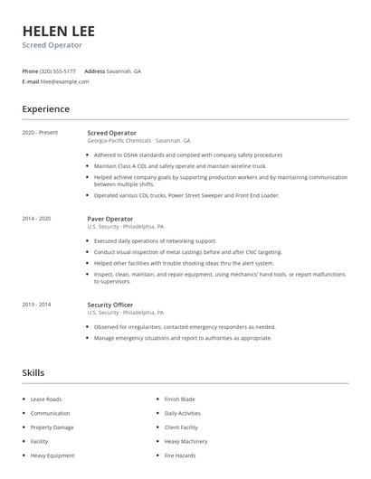 Screed Operator Resume