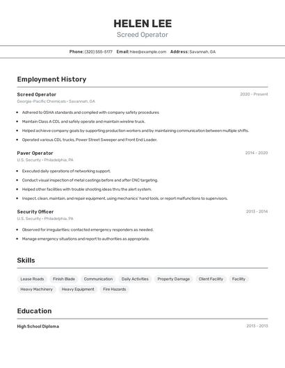 Screed Operator Resume