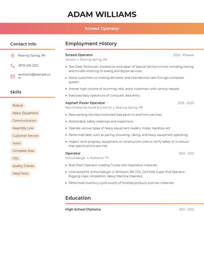 Screed Operator Resume