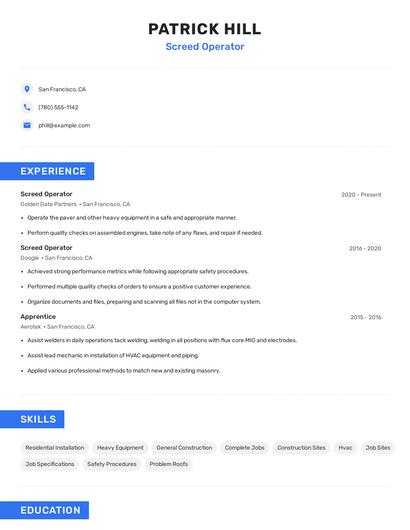 Screed Operator Resume