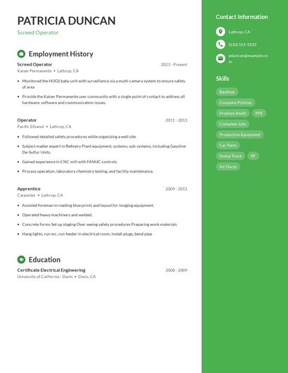 Screed Operator Resume