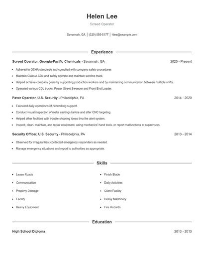 Screed Operator Resume