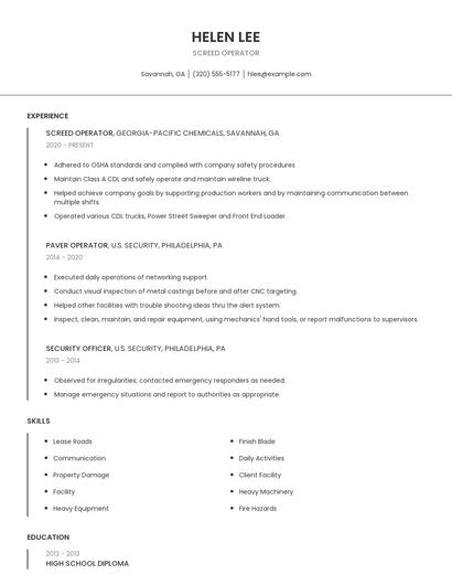 Screed Operator Resume