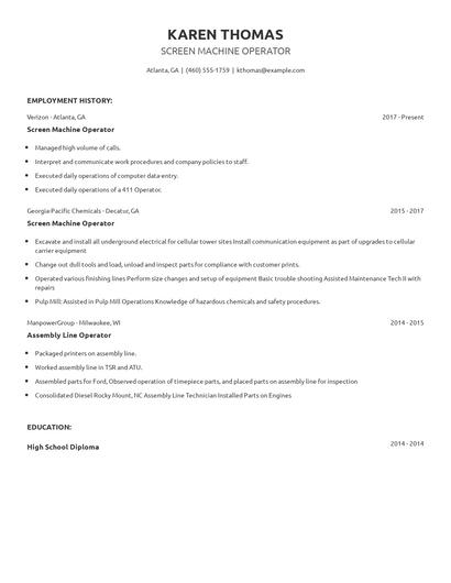 Screen Machine Operator Resume
