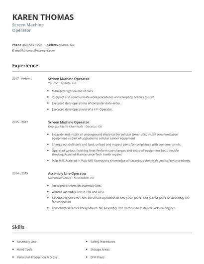 Screen Machine Operator Resume