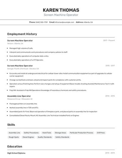 Screen Machine Operator Resume