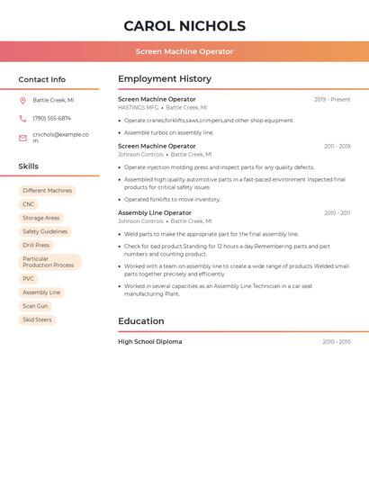 Screen Machine Operator Resume