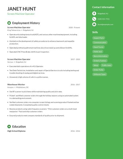 Screen Machine Operator Resume