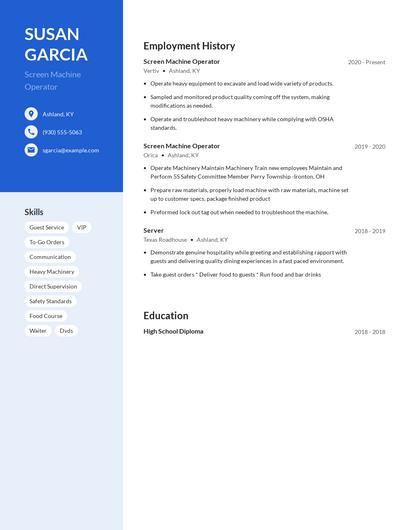 Screen Machine Operator Resume