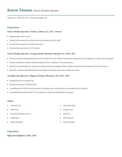 Screen Machine Operator Resume