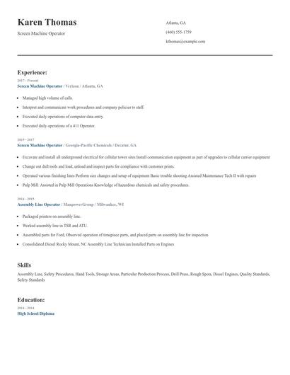 Screen Machine Operator Resume