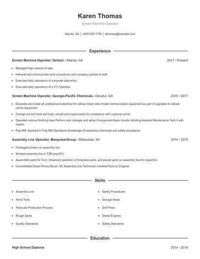 Screen Machine Operator Resume