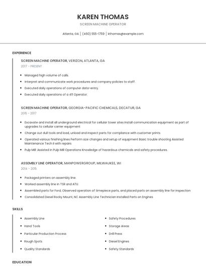 Screen Machine Operator Resume