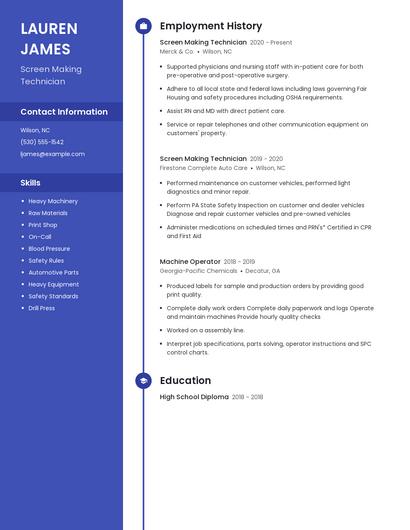 Screen Making Technician Resume