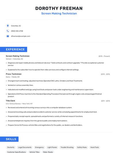 Screen Making Technician Resume