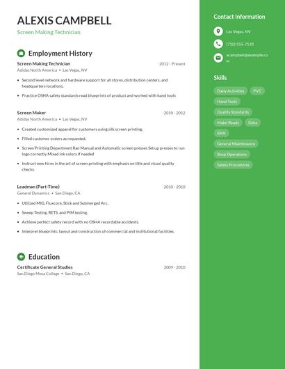 Screen Making Technician Resume