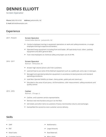 Screen Operator Resume