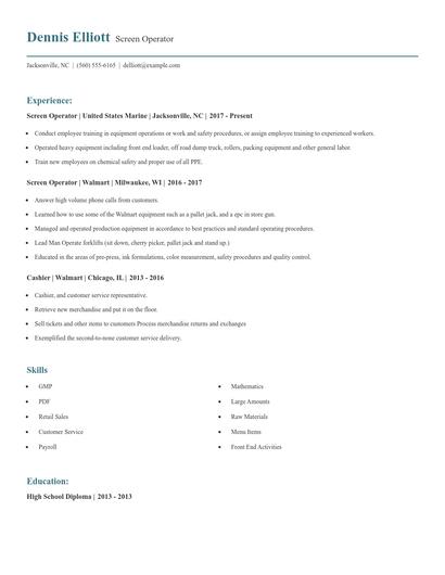 Screen Operator Resume