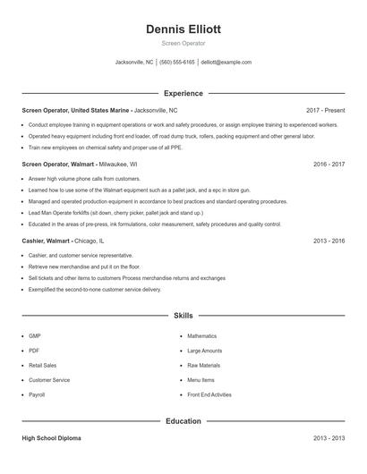 Screen Operator Resume