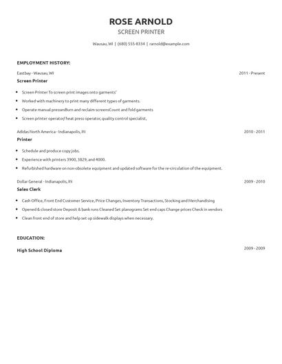 Screen Printer Resume