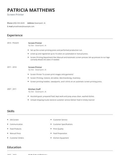 Screen Printer Resume