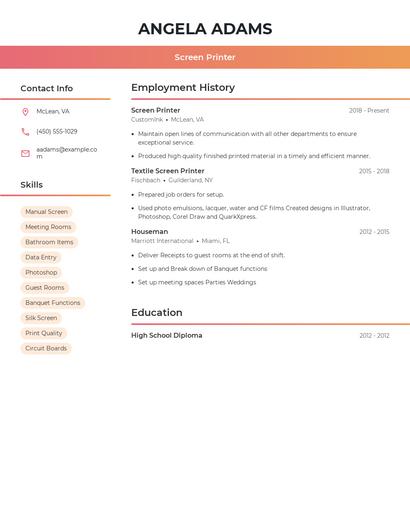 Screen Printer Resume