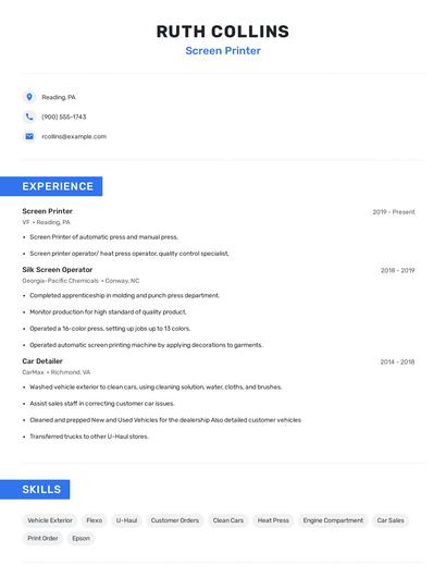 Screen Printer Resume