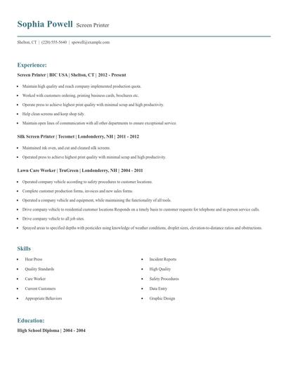 Screen Printer Resume