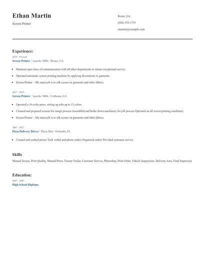 Screen Printer Resume