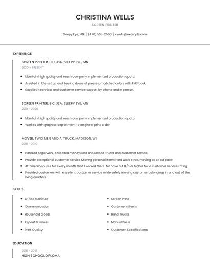 Screen Printer Resume