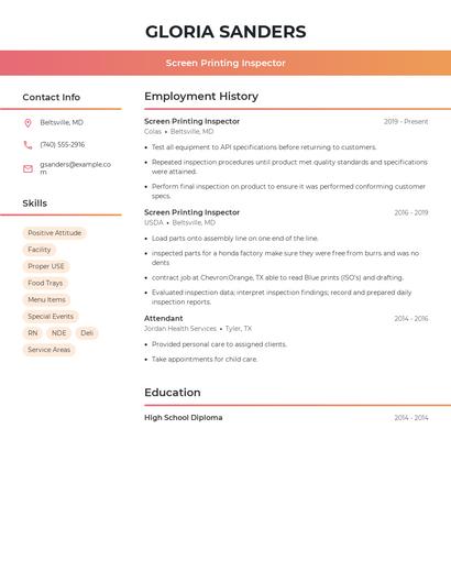 Screen Printing Inspector Resume