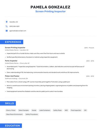 Screen Printing Inspector Resume