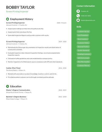 Screen Printing Inspector Resume
