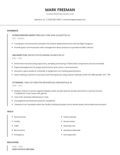 Screen Printing Inspector Resume