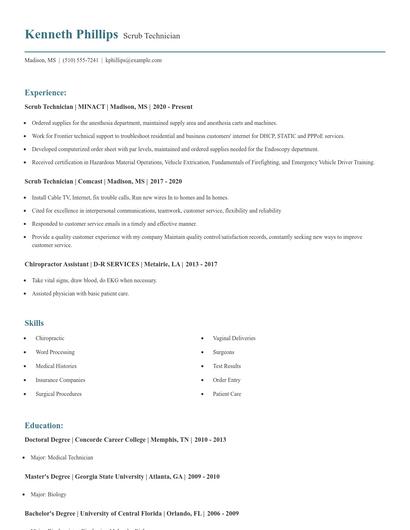 Scrub Technician Resume