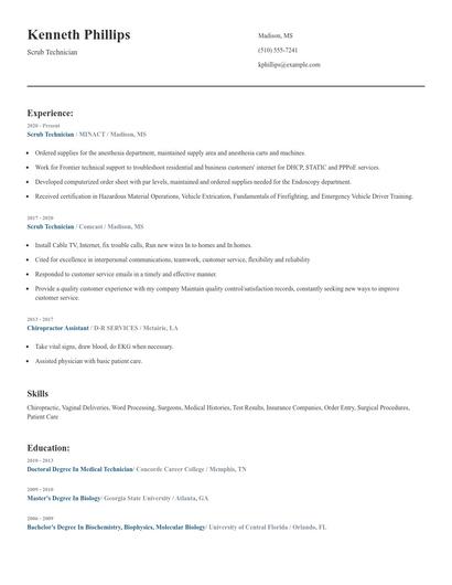 Scrub Technician Resume