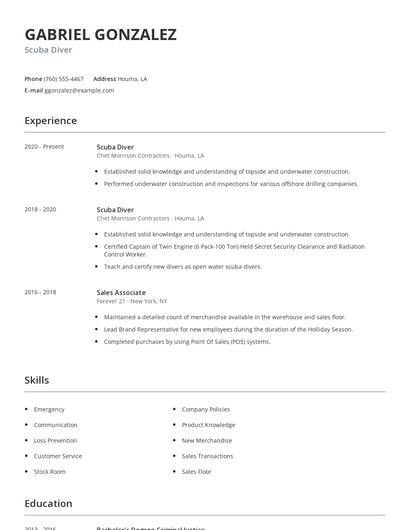 Scuba Diver Resume